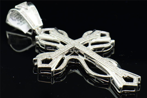 Mens 925 Sterling Silver White Diamond Cross Pendant Open Designer Charm 1.18 Ct