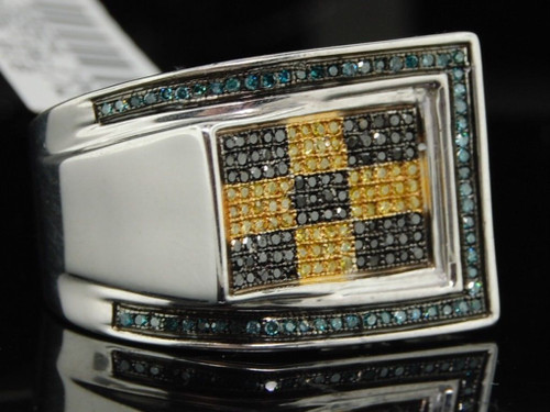 Black Blue Yellow Diamond Checkered Pinky Ring Mens .925 Sterling Silver 0.55 Ct