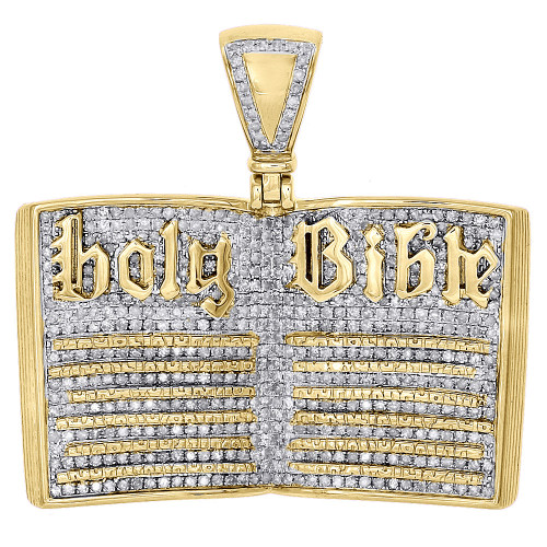 10K Yellow Gold Genuine Diamond Holy Bible Book Pendant Mens Pave Charm 2.39 Ct.