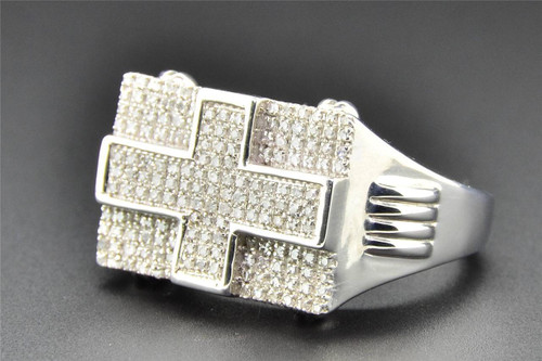 Cross Design Diamond Pinky Ring 10K White Gold Mens Round Cut Pave 0.66 CT