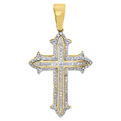 10K Yellow Gold Genuine Diamond Cross Pendant Pointed Outline Charm 0.24 Ct.