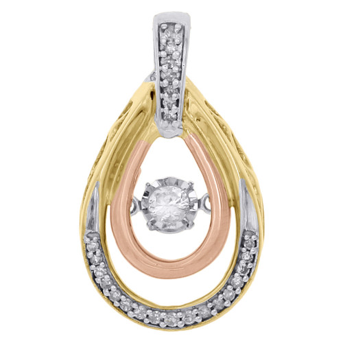 10K Tri Color Gold Dancing Diamond Teardrop Pendant Necklace 0.17 CT.