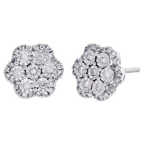 14k White Gold Diamond Flower Shape Studs Miracle Set 9.50mm Earring 0.49 CT.