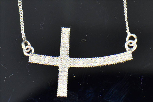 Diamond Sideway Cross Pendant .925 Sterling Silver .15 Ct Charm Necklace