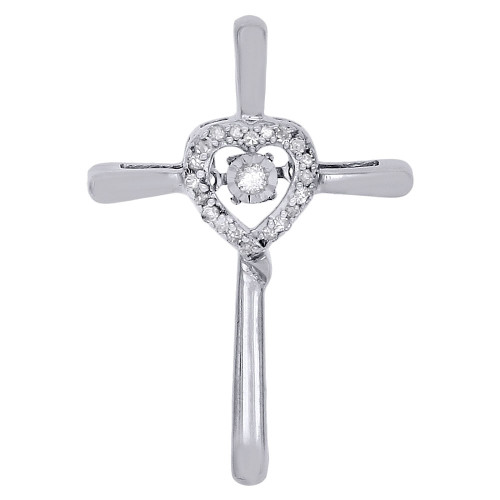 10K White Gold Dancing Diamond Cut Out Heart & Cross Pendant 0.10 CT.