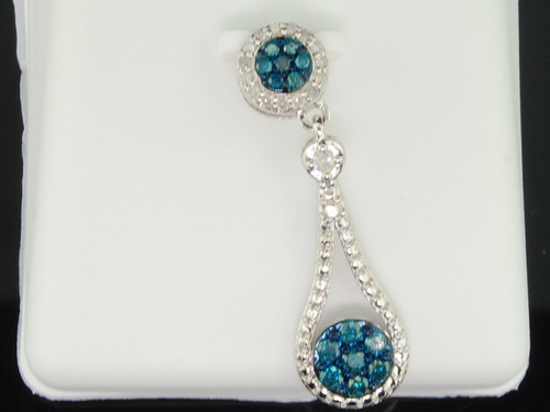 Ladies 10K White Gold Flower Teardrop Blue Diamond Pendant Charm For Necklace
