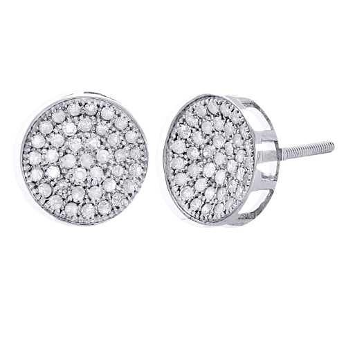 10K White Gold Diamond Circle Pave Studs Concave 10mm Mens Earrings 0.75 Ct.