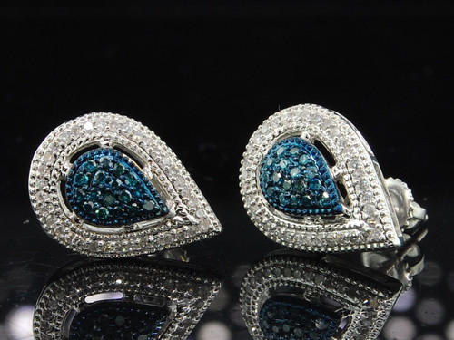 Blue Diamond Teardrop Earrings Ladies 10K White Gold Round Pave Studs 0.40 Tcw.