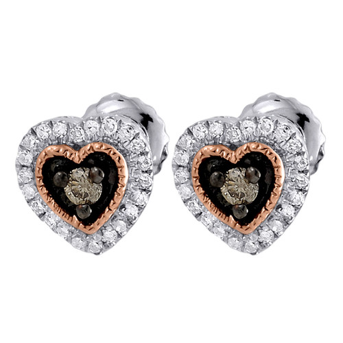 Brown Diamond Heart Earrings 10k Two Tone Gold Round Cut Ladies Studs 0.21 Tcw.