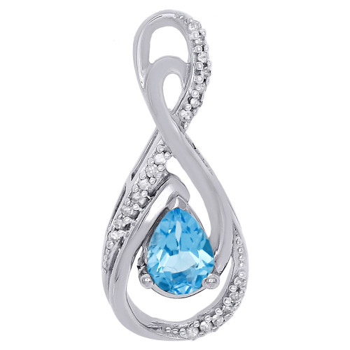 pendentif en forme de larme avec topaze bleue et diamant créés en or blanc 10 carats 0,10 ct.