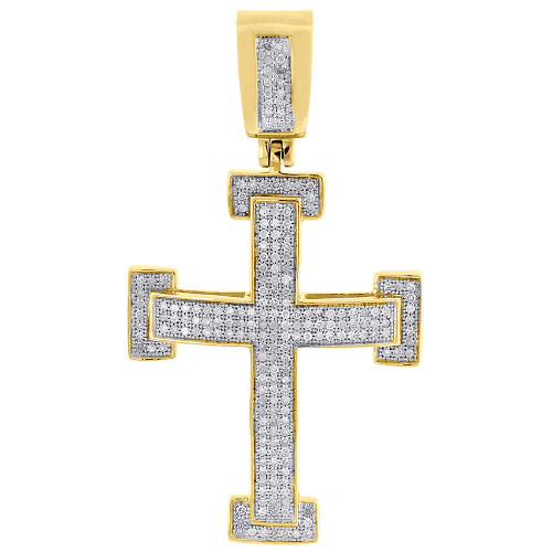 10K Yellow Gold Diamond Cross Domed Pendant Mens Pave Charm 1.93 Inch 0.55 Ctw.