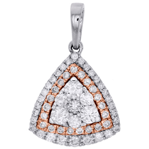 14K Two Tone Gold Diamond Tier Triangle Pendant Rose Double Halo Necklace 1 CT.