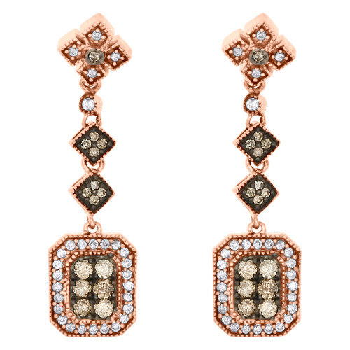 14K Rose Gold Brown Diamond Danglers Ladies Rectangle Earrings 1.25" 0.63 CT.