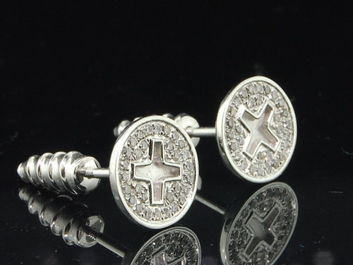 Diamond Cross Design Circle Earrings Men's 10K White Gold Round Studs 0.27 Tcw.