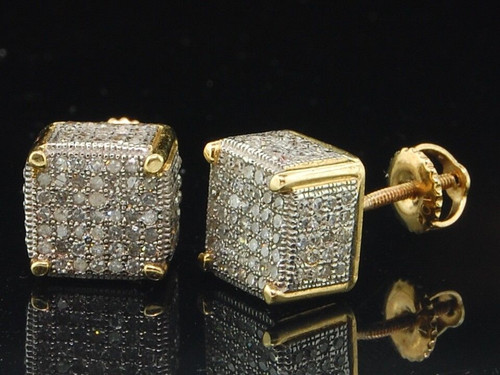 Diamond Earrings 10K Yellow Gold Mens Round Pave 3D Cube Square Studs 3/4 Tcw.