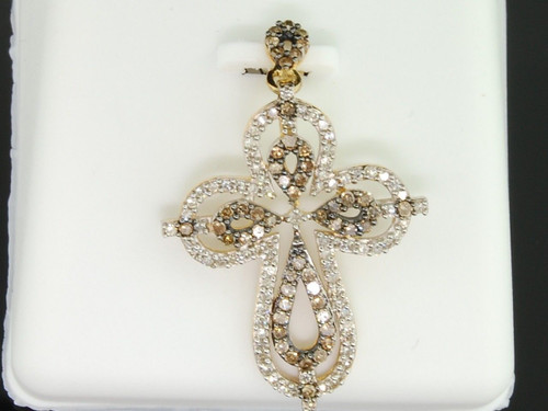 Ladies 10K Yellow Gold Jesus Cross Brown Diamond Pendant Charm For Necklace .53C