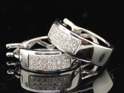 Diamond Hoop Earrings Ladies 10K White Gold 3 Row Round Pave Huggies 0.16 Tcw.