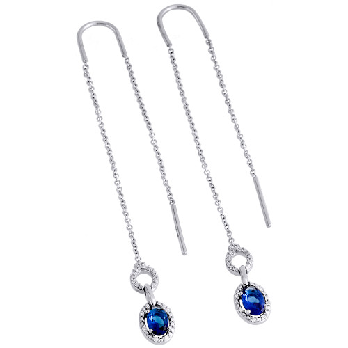 .925 Sterling Silver Created Sapphire & Diamond Oval Threader Earrings 0.10 CT.