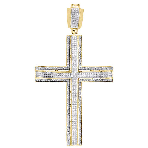 10K Yellow Gold Genuine Diamond Cross Pendant 2.80" Domed Pave Charm 1.22 ct.
