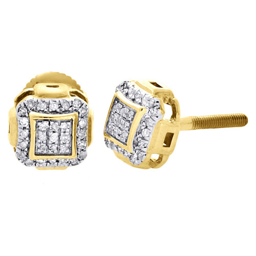 10K Yellow Gold Round Diamond Studs Pave Set Domed Square 7mm Earrings 0.15 Ct.