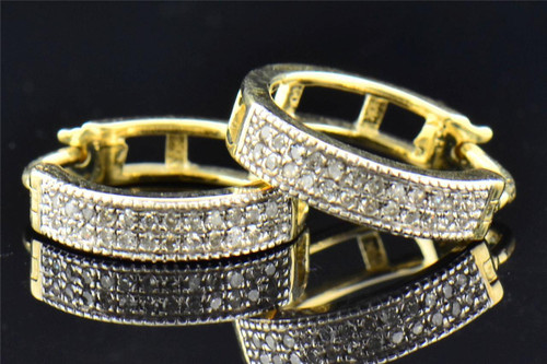 Ladies 10K Yellow Gold Round Cut 2 Row Diamond Hoops Huggies Earrings .15 Ct.