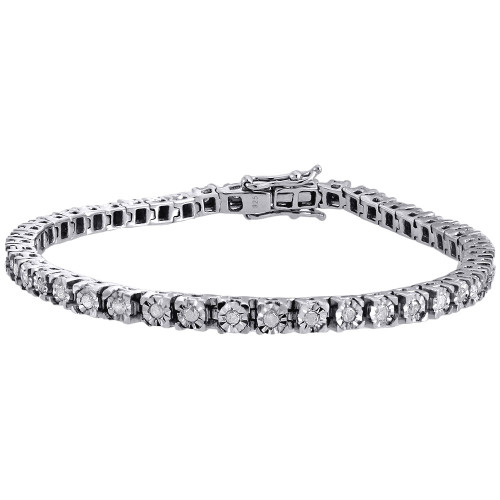 1 Row Sterling Silver Genuine Round Diamond Tennis Bracelet 7.25" Links 1.01 CT.