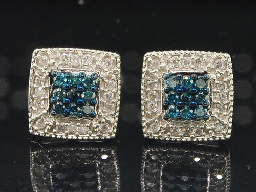 Blue Diamond Studs 10K White Gold Round Cut Pave Square Earrings 0.36 Tcw.