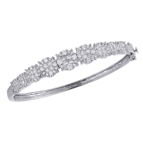 14K White Gold Princess Diamond Quad Tennis Bangle Statement Bracelet 7.5" 3 Ct.