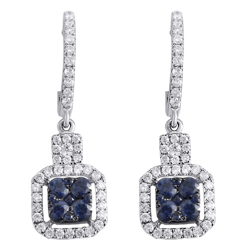 Diamond Blue Sapphire Earrings Ladies 14K White Gold Square Danglers 0.99 Tcw.