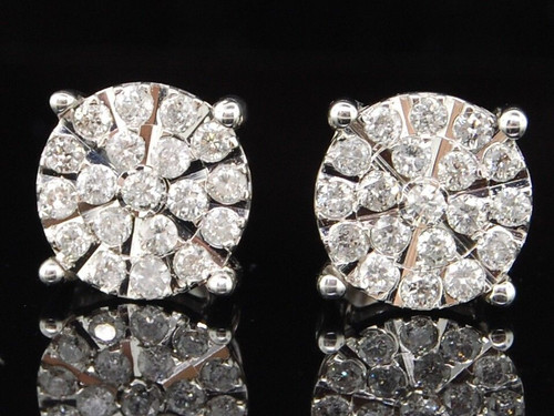 Diamond Flower Earrings 10K White Gold Round Cut Circle Studs 1 Tcw.