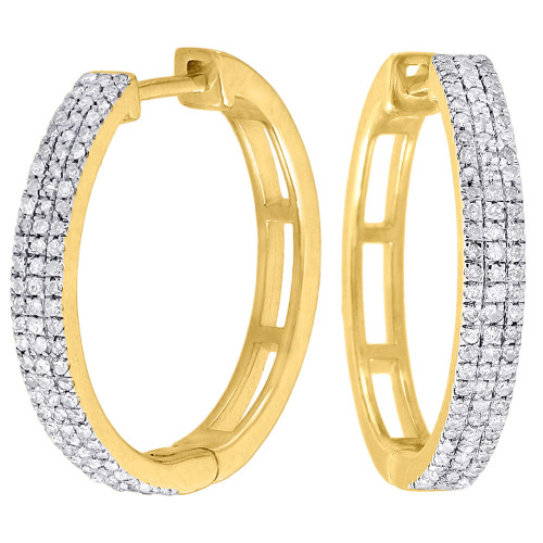 Round Diamond Hoops Earrings Ladies 10K Yellow Gold Pave Design Huggies 0.27 Tcw