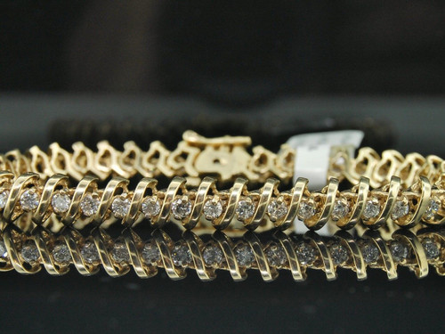 Diamond Solitaire S Type Link Bracelet Ladies 14K Yellow Gold Round Cut 3 Tcw.