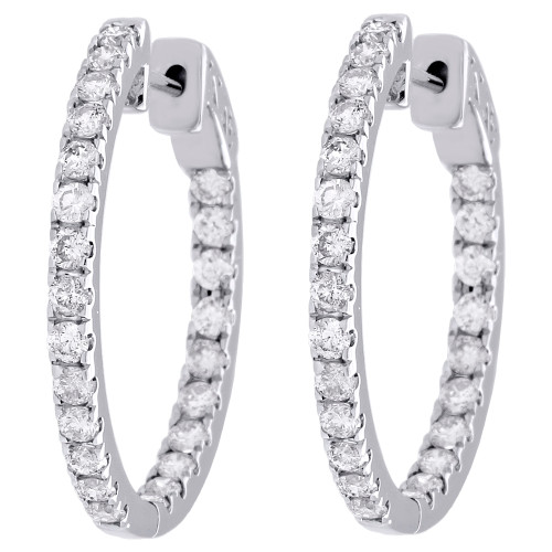 10K White Gold Diamond In & Out Hoops Round Hinged Earrings 1.05" Long 2 CT.