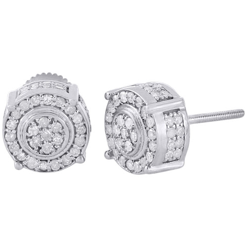 10K White Gold Round Cut Diamond 3D Circle 4 Prong Pave Studs Earrings 0.75 Ct.
