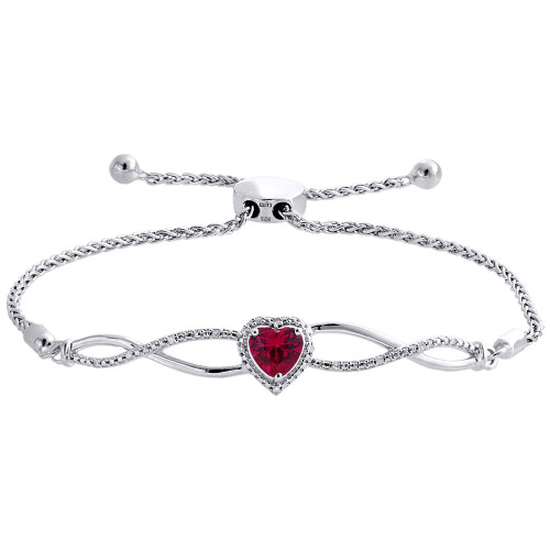 1/20 ct. Pulsera bolo con corazón infinito de rubíes y diamantes creados en plata de ley de 8"