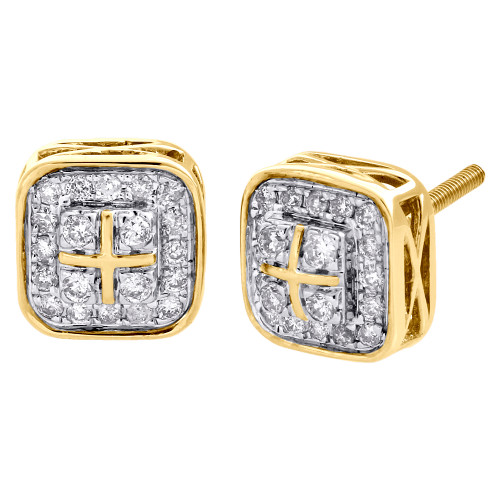 10K Yellow Gold Real Diamond Cross Tier Halo Studs 9.50mm Pave Earring 0.48 CT.