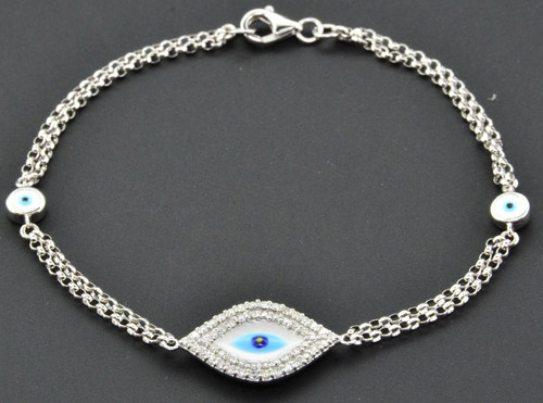 Diamond Evil Eye Bracelet 7 Inch 14k White Gold Double Strand Rolo Link 0.30 Ct.