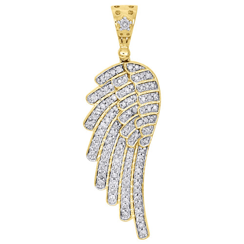 10K Yellow Gold Round Diamond Single Angel Wing Pendant 2" Pave Charm 1.50 Ct.