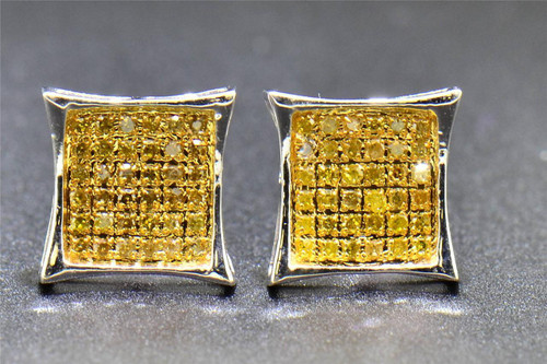 Yellow Diamond Studs 10K White Gold 1/4 CT Round Cut Pave Kite Shaped Earrings