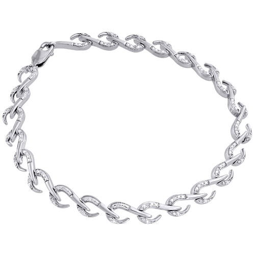 .925 Sterling Silver Ladies Round Diamond Hook Design Link 7.5" Bracelet .15 Ct.