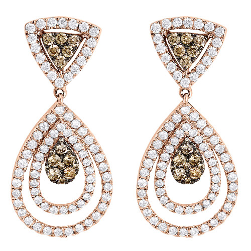 Brown Diamond Earrings Ladies 14K Rose Gold Round Teardrop Danglers 2.54 Tcw.