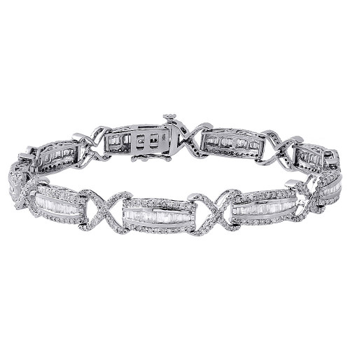 bracelet en or blanc 10 carats avec diamants ronds et baguettes 7" maillon forme infini 3 ct.