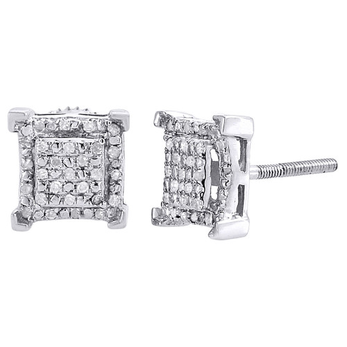 Diamond Square Earrings 10K White Gold Round Cut Pave Design Studs 0.15 Tcw.