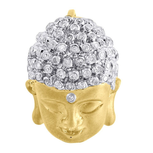 Diamond Buddha Pendant Mens 10K Yellow Gold Round Pave Head Charm 0.44 Tcw.