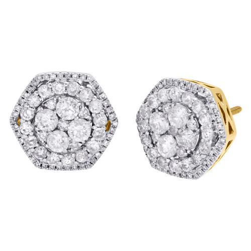 10k Yellow Gold Diamond Studs Hexagon-Shape Halo 11.25mm Pave Earring 1.29 CT.