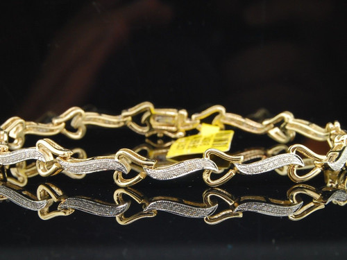 Diamond Heart Link Bracelet Ladies 10K Yellow Gold Round Pave Love 1/4 Tcw.