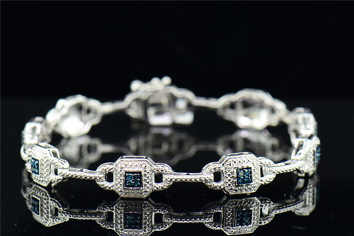 Ladies .925 Sterling Silver Blue Diamond Bracelet 7.25" Pave 0.25 Ct.