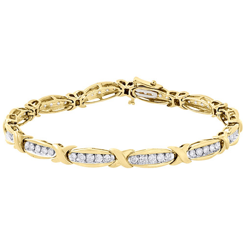 10k Yellow Gold Round Diamond "X" Link Tennis Bracelet Channel Set 7.4" 1.94 Ct.