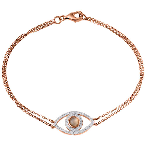 Diamond Evil Eye Bracelet 7 Inch 14k Rose Gold Double Strand Rolo Link 0.24 Ct.