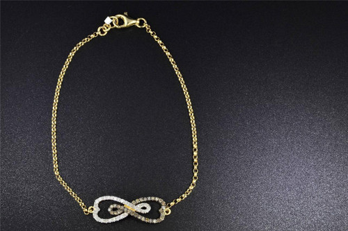 14K Yellow Gold Ladies Brown Diamond Heart Charm Infinity Bracelet 7" 0.35 Ct.